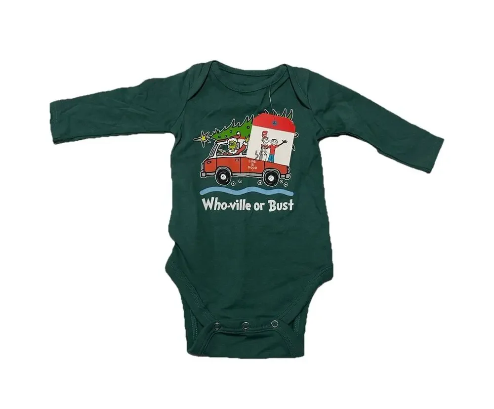 Life Is Good Baby Grinch Who-ville Or Bust One Piece Christmas Romper 3-6 Months